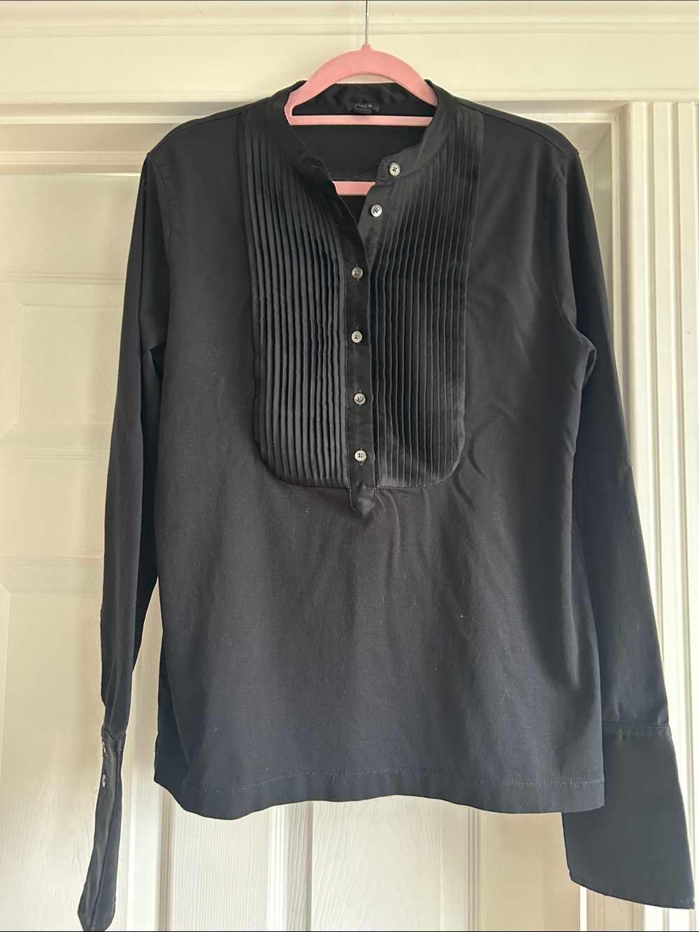 J.Crew Black Blouse with Satin cuffs and pleated front Trim